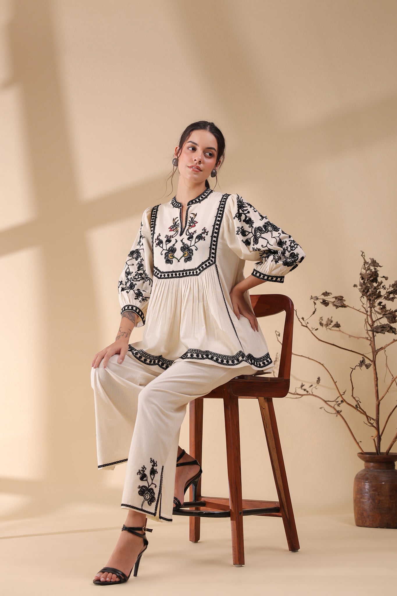 Women Cotton Linen Flex Embroidery CO-Ord Set