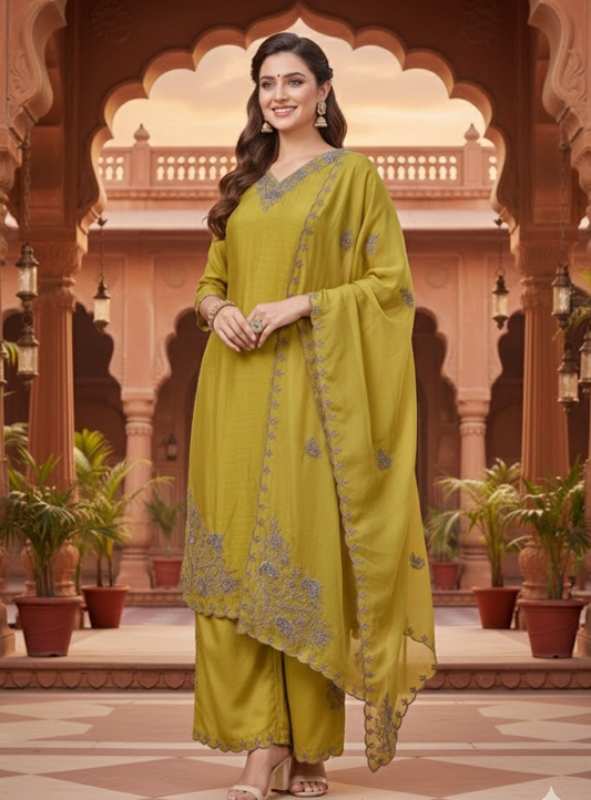 Green and orange kurta set with neck embrodery