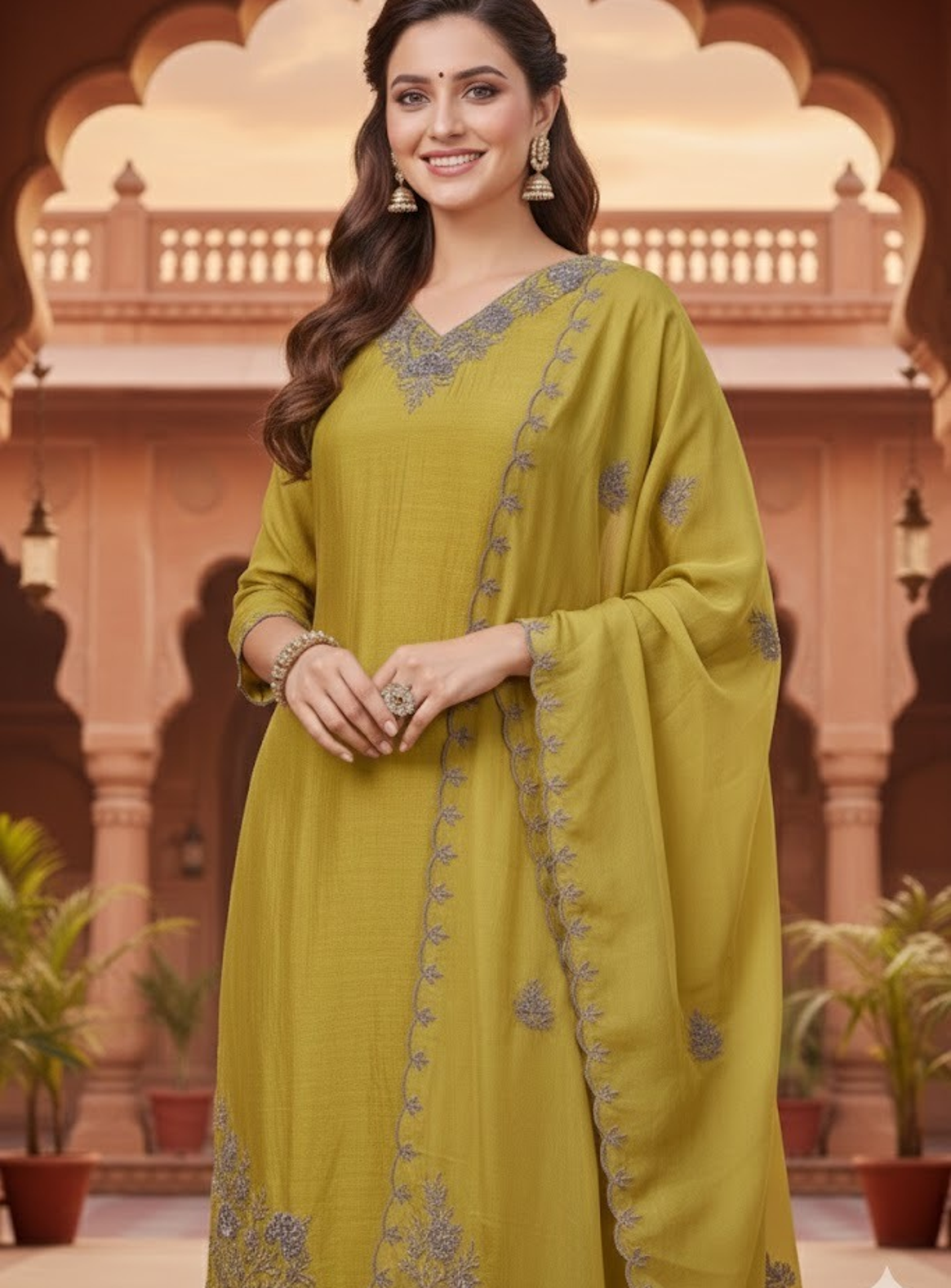 Green and orange kurta set with neck embrodery