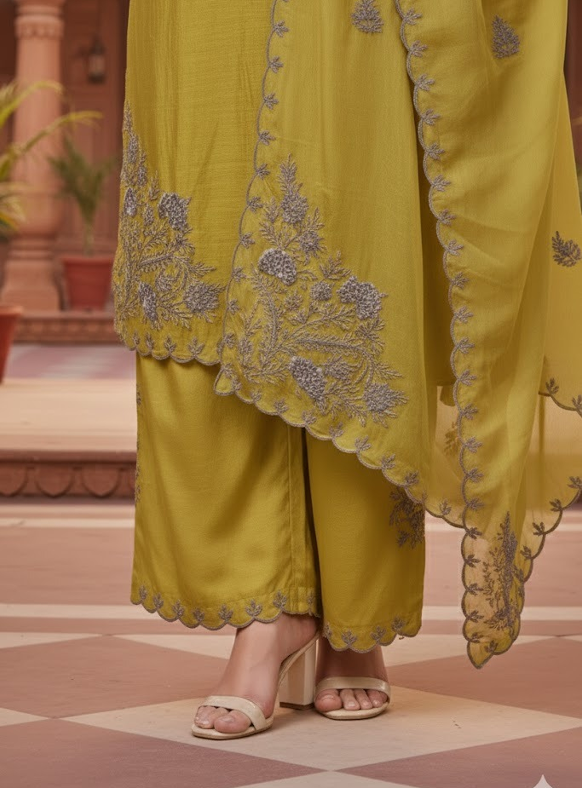 Green and orange kurta set with neck embrodery