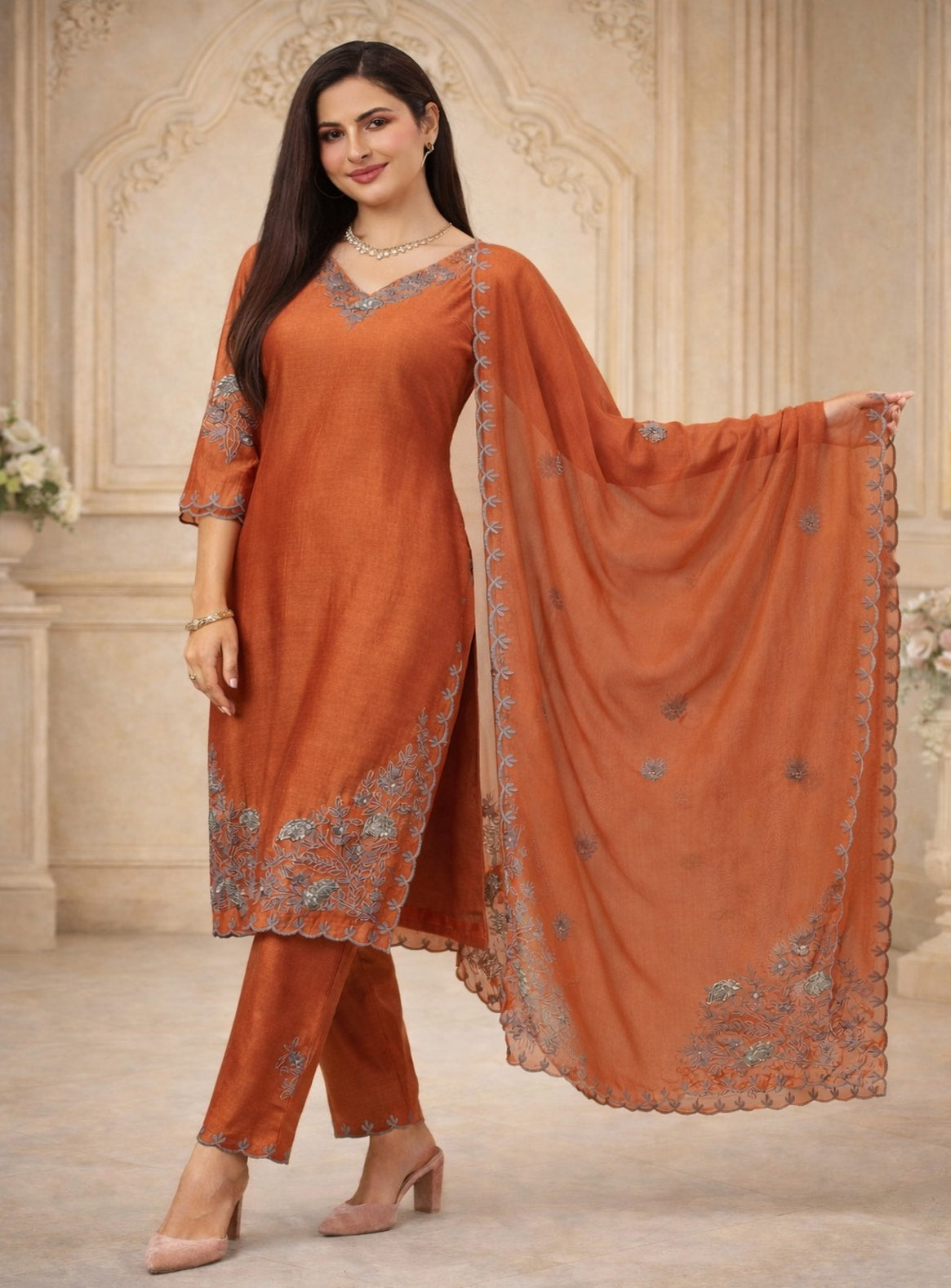 Green and orange kurta set with neck embrodery