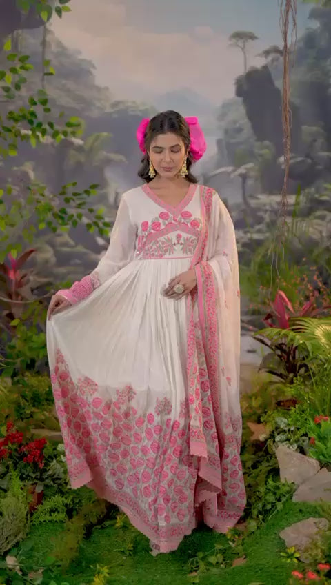 White Pink mul cotton anarkali gown