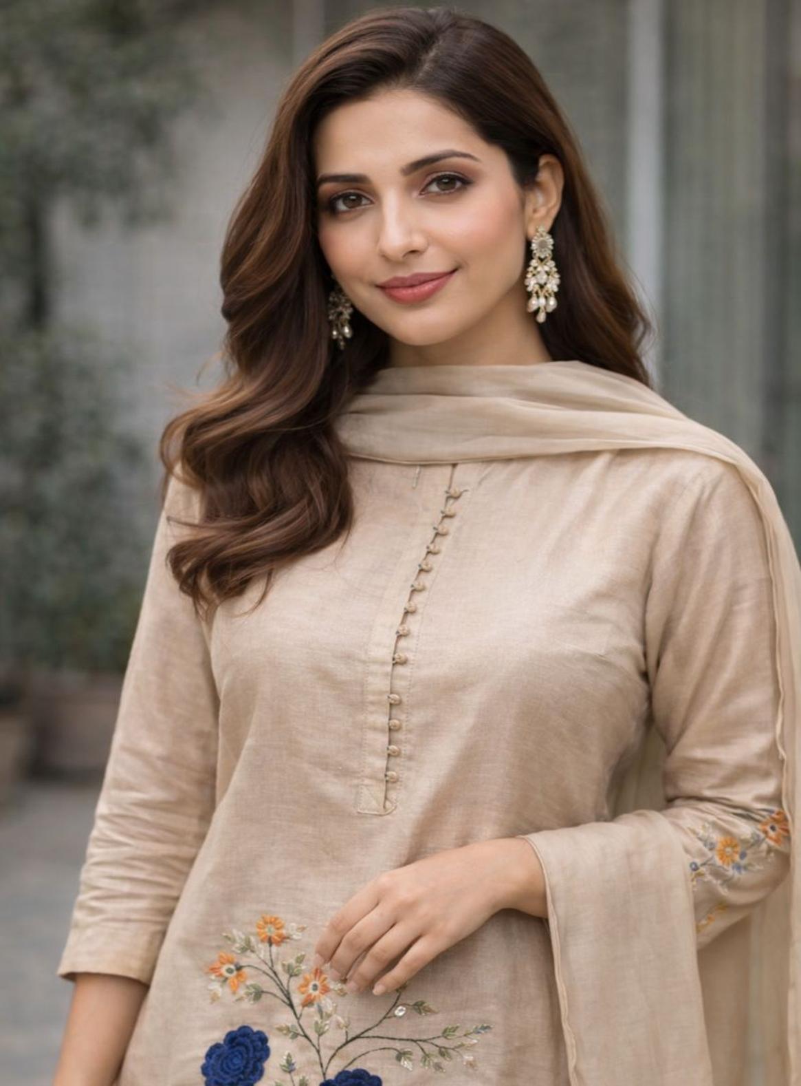 Teal & Beige Bloom Embroidered Straight Suit
