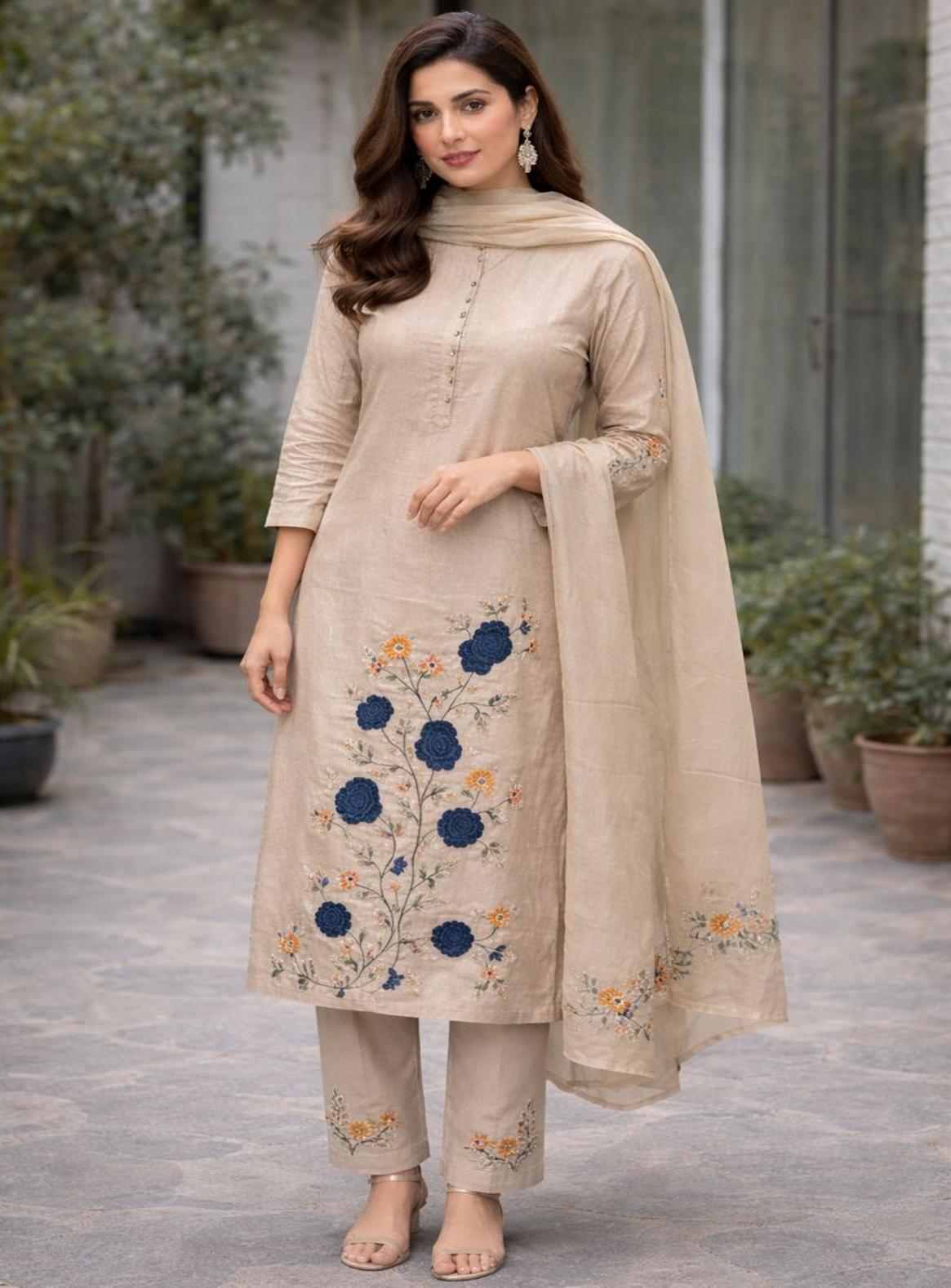 Teal & Beige Bloom Embroidered Straight Suit