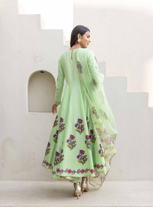 Blooming Grace Anarkali Set  Mint Green & Ivory White