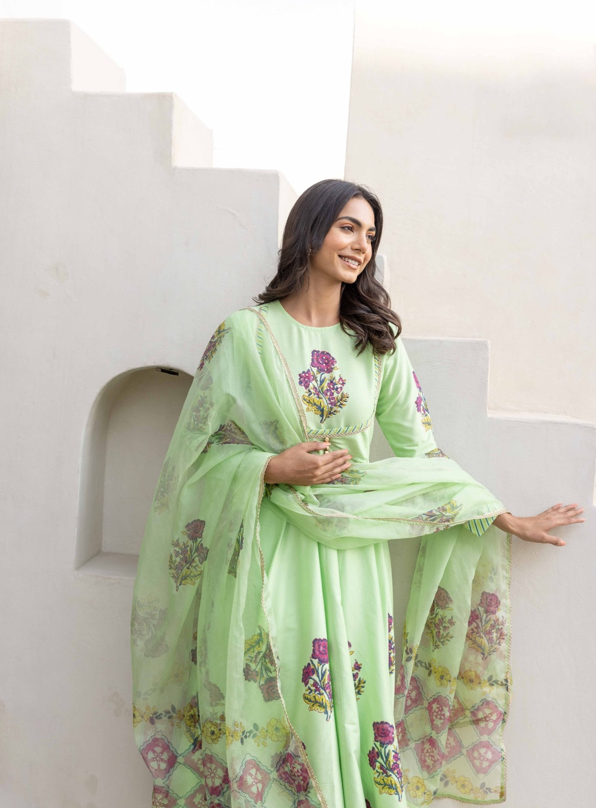 Blooming Grace Anarkali Set  Mint Green & Ivory White
