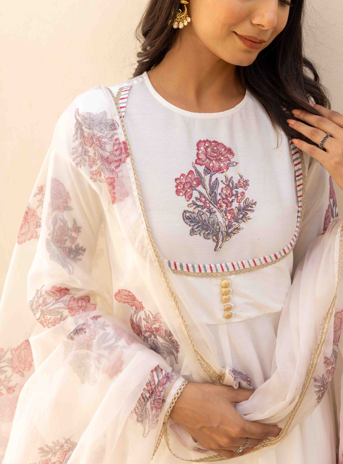 Blooming Grace Anarkali Set  Mint Green & Ivory White