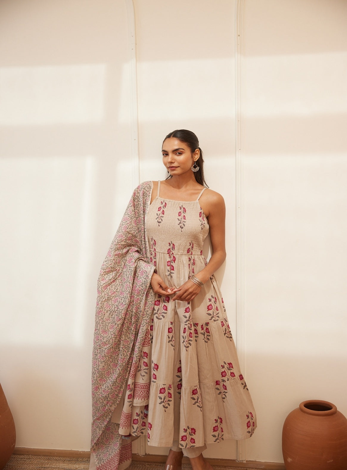 Floral Smocked Maxi Dress Set  Beige, Green & Pink