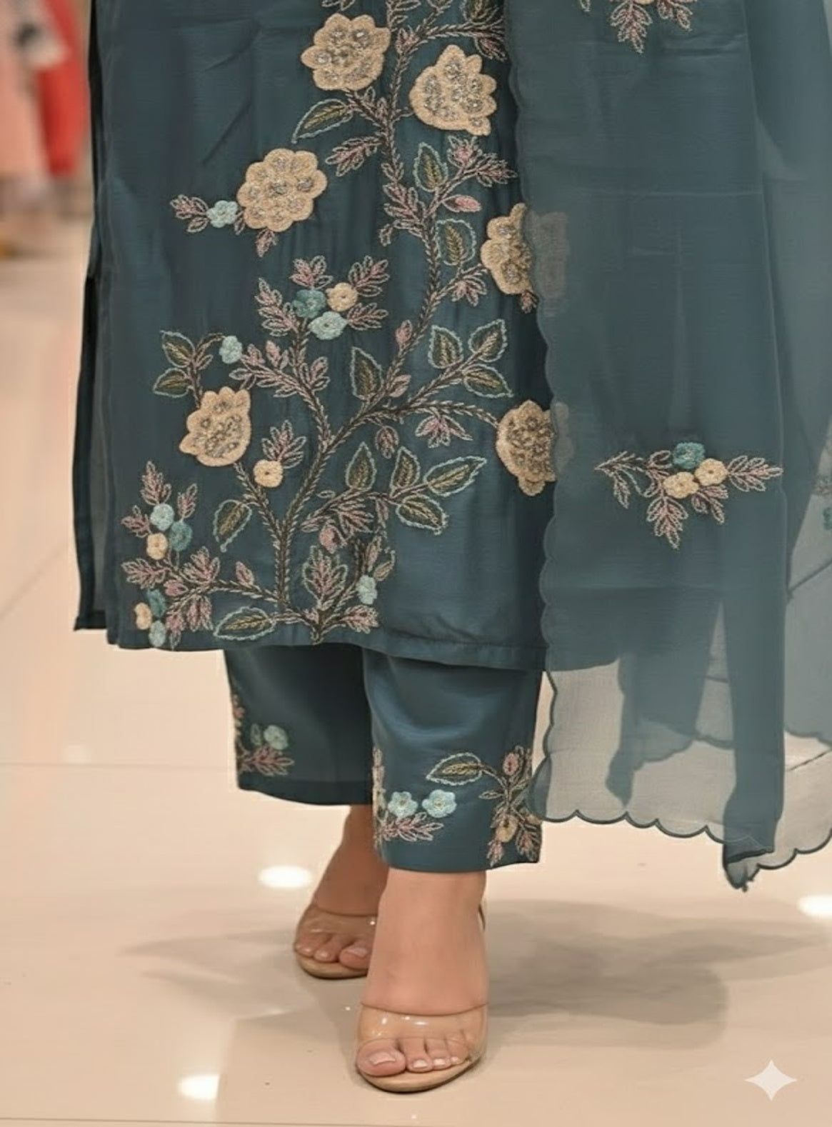 Teal & Beige Bloom Embroidered Straight Suit