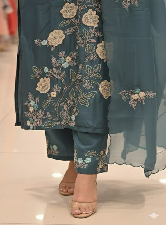 Teal & Beige Bloom Embroidered Straight Suit