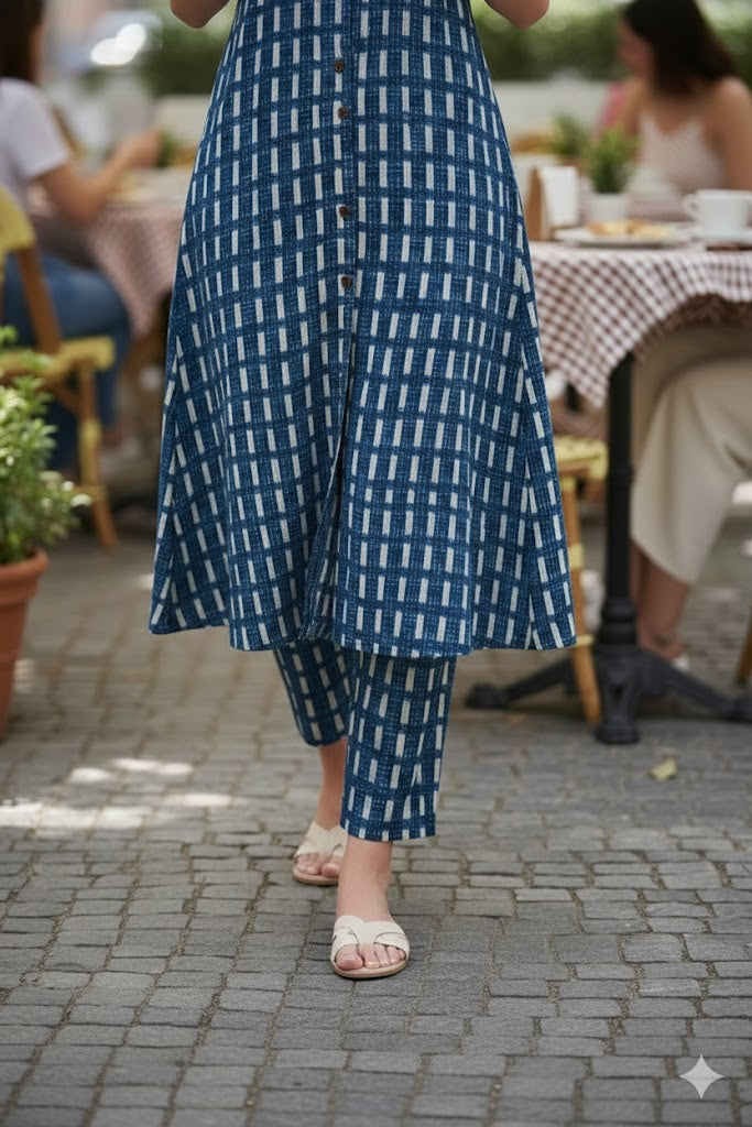 Indigo Grid Kurta Set  Navy Blue & Ivory