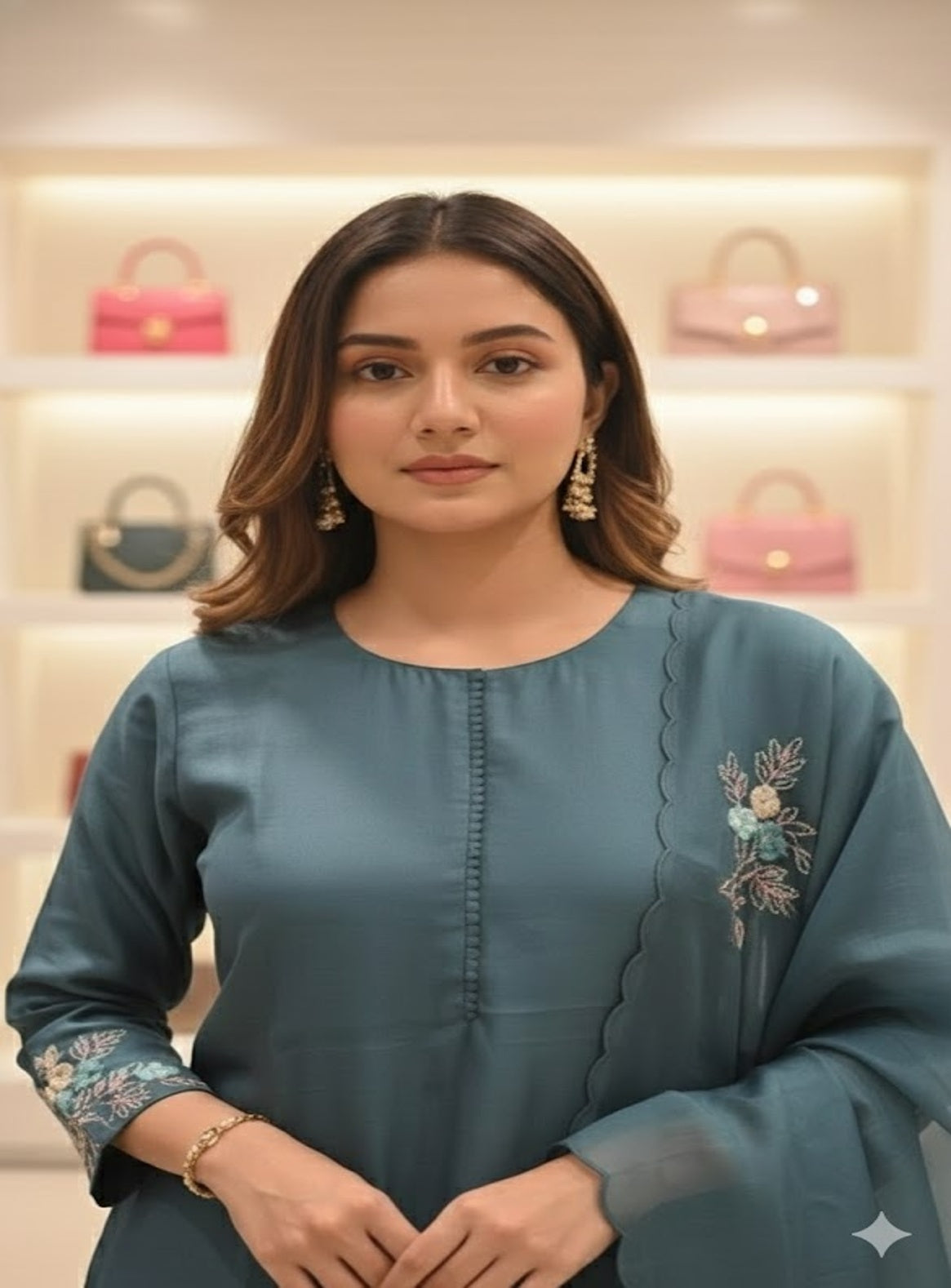 Teal & Beige Bloom Embroidered Straight Suit