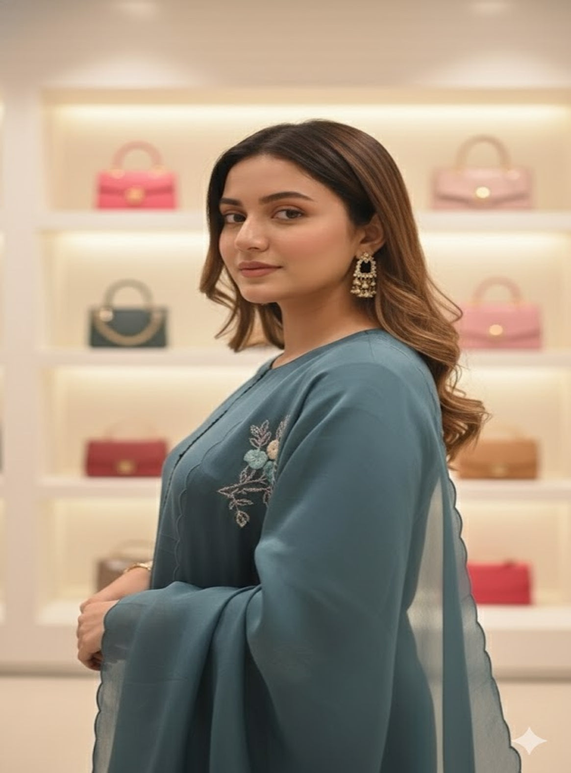 Teal & Beige Bloom Embroidered Straight Suit